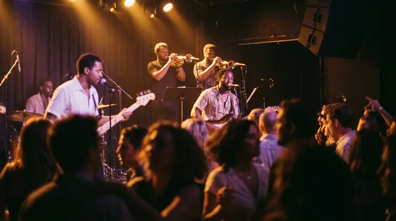 Five-piece soul and funk band with brass, mid-set