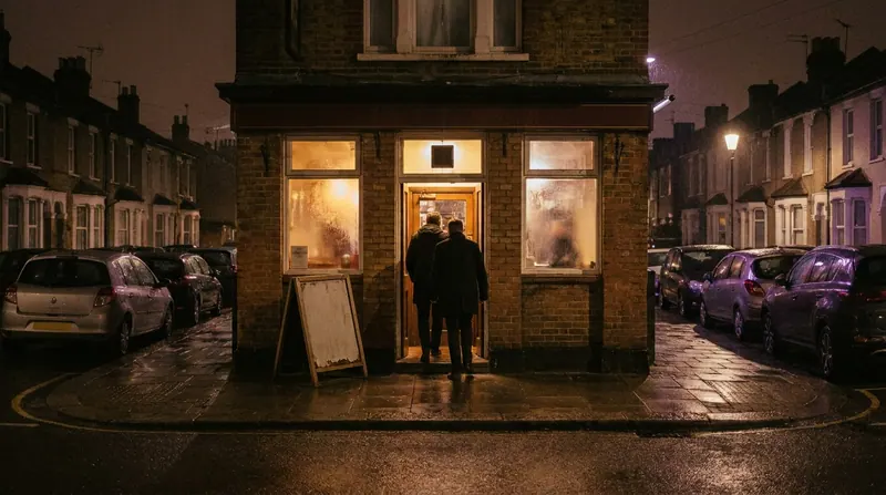 A small music pub on a wet side street at dusk, light spilling onto the pavement